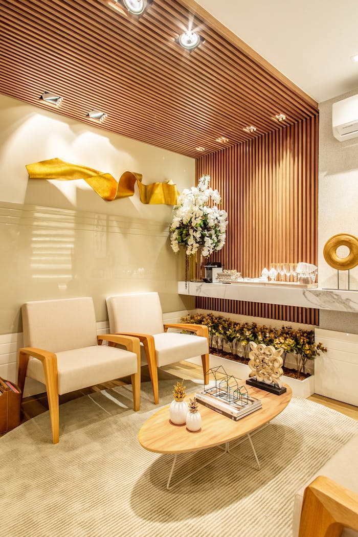 Luxurious modern lounge with elegant furniture and decor in a sophisticated design.